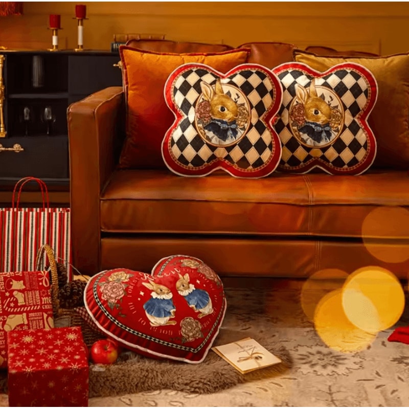 JoyfulHug Plush Heart Rabbit Cushion Red Check Velvet Throw Pillow For Sofa Office 1