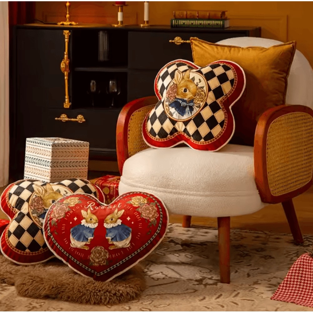 JoyfulHug Plush Heart Rabbit Cushion Red Check Velvet Throw Pillow For Sofa Office 2