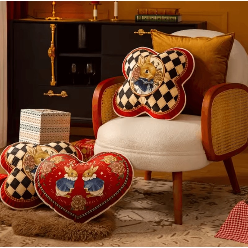 JoyfulHug Plush Heart Rabbit Cushion Red Check Velvet Throw Pillow For Sofa Office 2