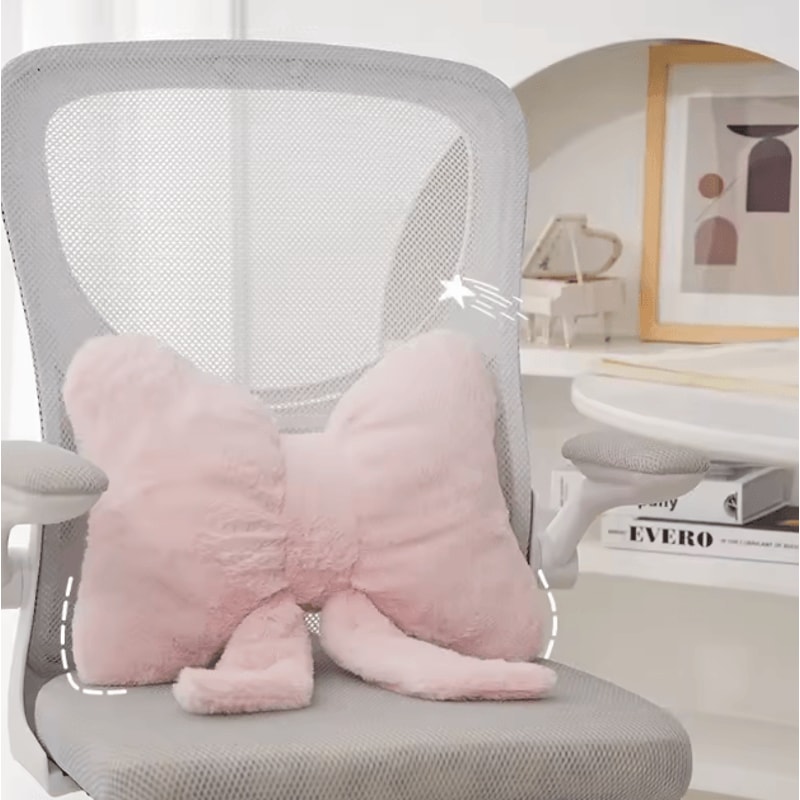 FluffEase Pink Bow Rabbit Fur Sofa Pillow Plush Car Seat Cushion Backrest Support 2