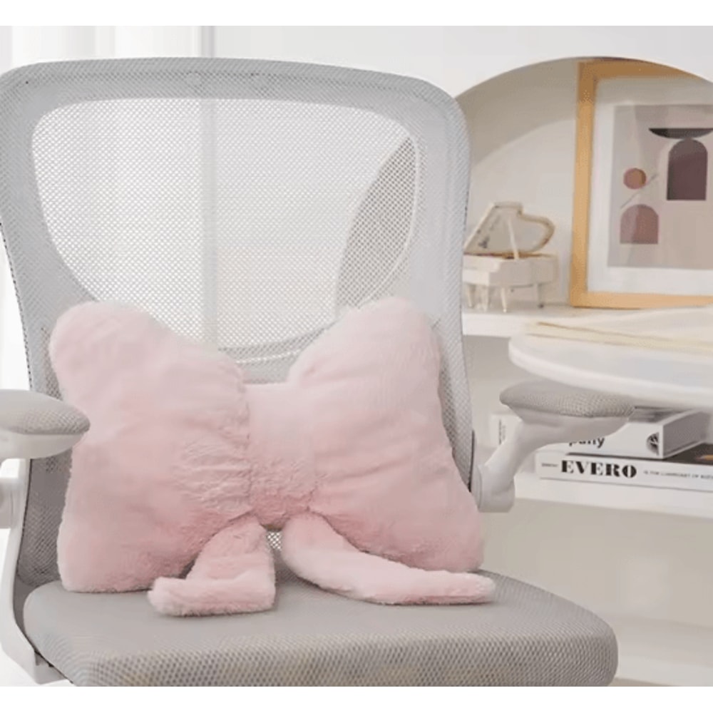 FluffEase Pink Bow Rabbit Fur Sofa Pillow Plush Car Seat Cushion Backrest Support 4