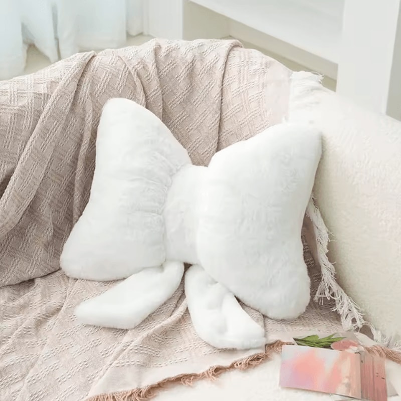 FluffEase Pink Bow Rabbit Fur Sofa Pillow Plush Car Seat Cushion Backrest Support 5