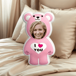 bearcharm custom double-sided printed cushion – pink bear portrait pillow gift for valentines