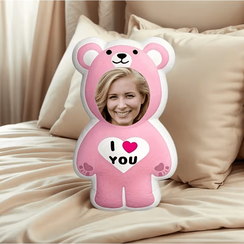 BearCharm Custom DoubleSided Printed Cushion Pink Bear Portrait Pillow Gift For Valentines 0