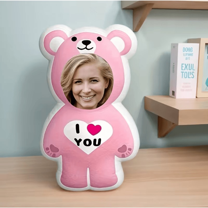 BearCharm Custom DoubleSided Printed Cushion Pink Bear Portrait Pillow Gift For Valentines 3