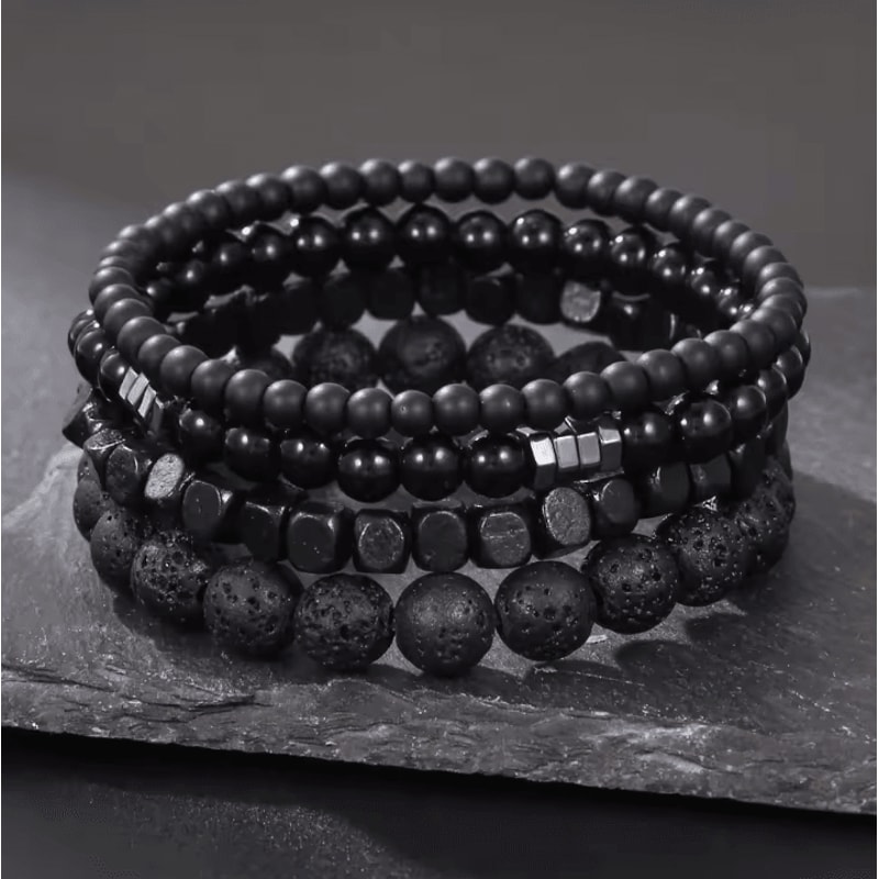 LavaEdge 4Piece Volcanic Stone Bracelet Set Black Lava Rock Wood Beads Elastic Jewelry For Men W 0