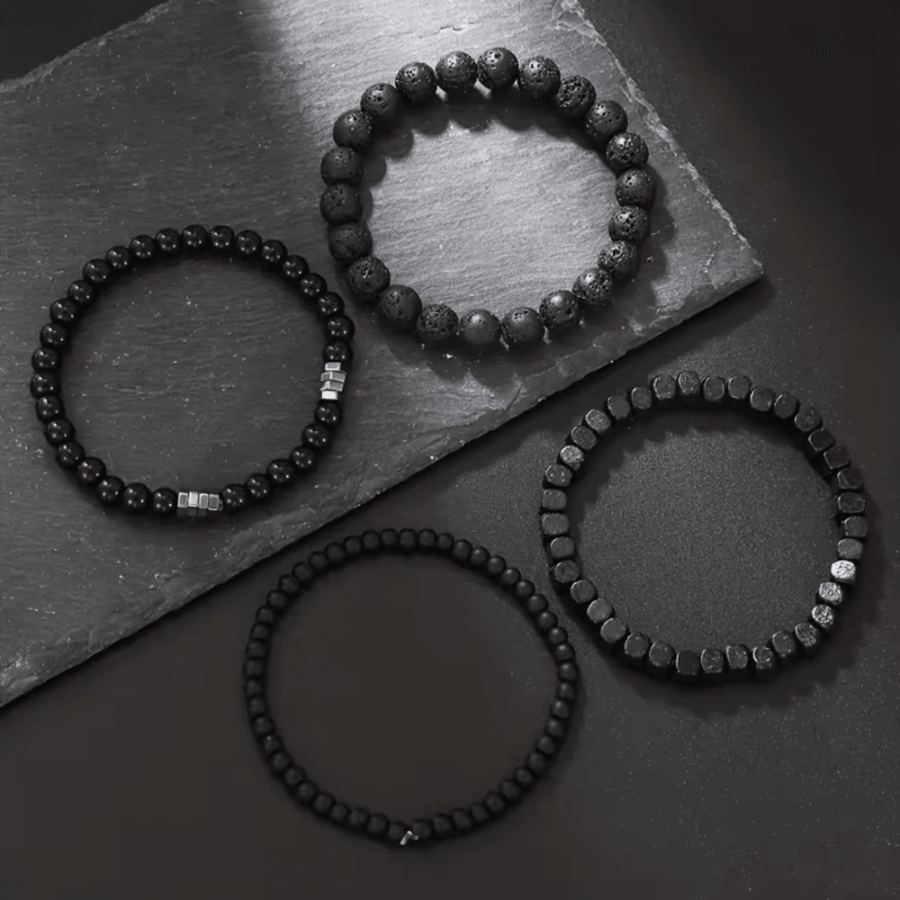 LavaEdge 4Piece Volcanic Stone Bracelet Set Black Lava Rock Wood Beads Elastic Jewelry For Men W 1