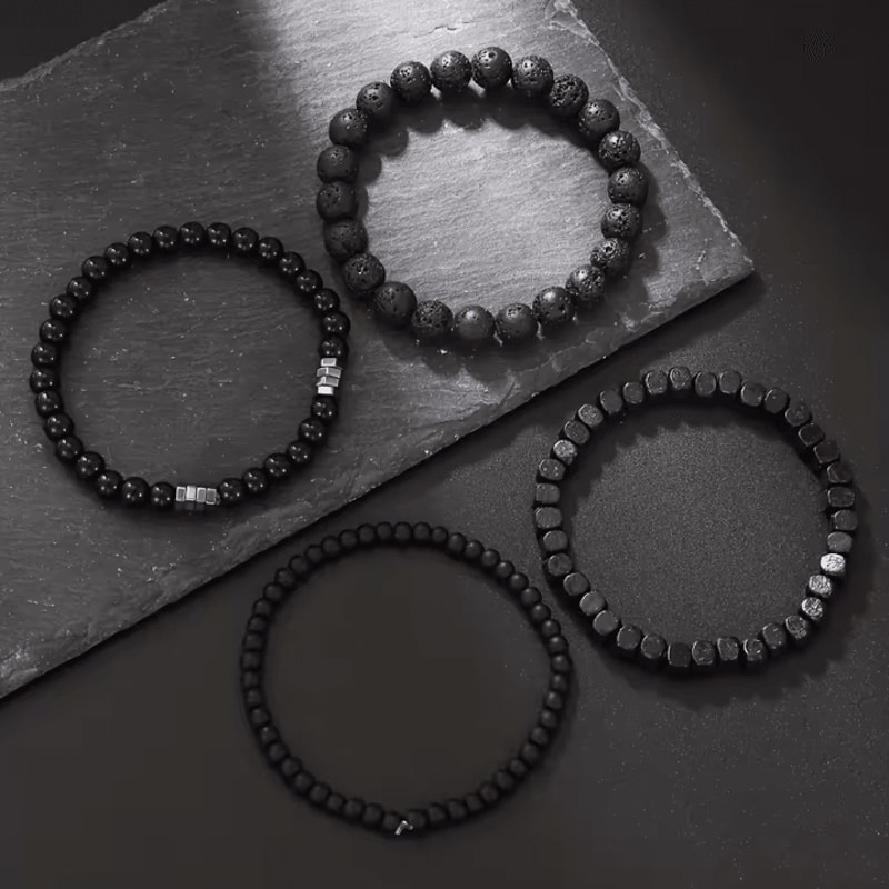LavaEdge 4Piece Volcanic Stone Bracelet Set Black Lava Rock Wood Beads Elastic Jewelry For Men W 1
