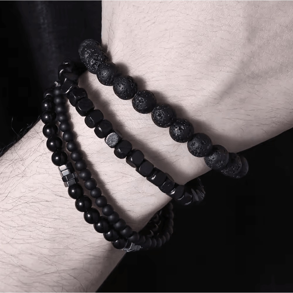 LavaEdge 4Piece Volcanic Stone Bracelet Set Black Lava Rock Wood Beads Elastic Jewelry For Men W 2