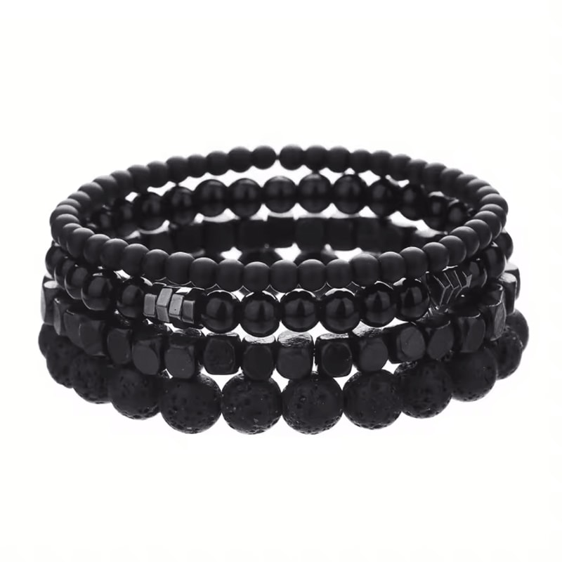 LavaEdge 4Piece Volcanic Stone Bracelet Set Black Lava Rock Wood Beads Elastic Jewelry For Men W 3