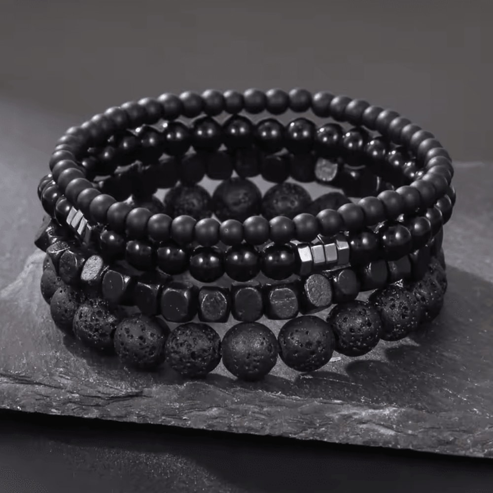 LavaEdge 4Piece Volcanic Stone Bracelet Set Black Lava Rock Wood Beads Elastic Jewelry For Men W 5