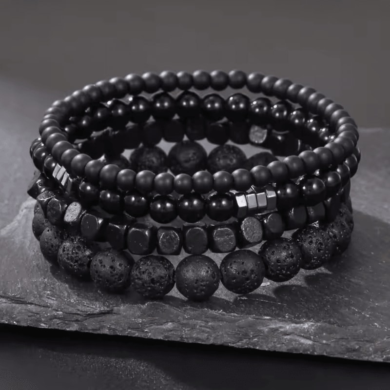 LavaEdge 4Piece Volcanic Stone Bracelet Set Black Lava Rock Wood Beads Elastic Jewelry For Men W 5