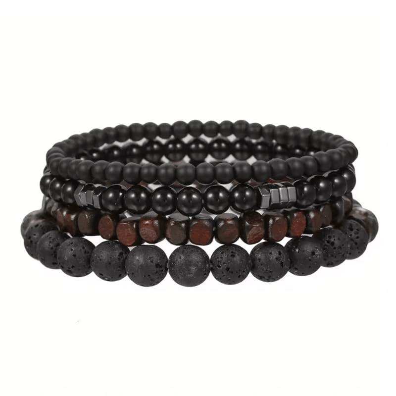 LavaEdge 4Piece Volcanic Stone Bracelet Set Black Lava Rock Wood Beads Elastic Jewelry For Men W 6