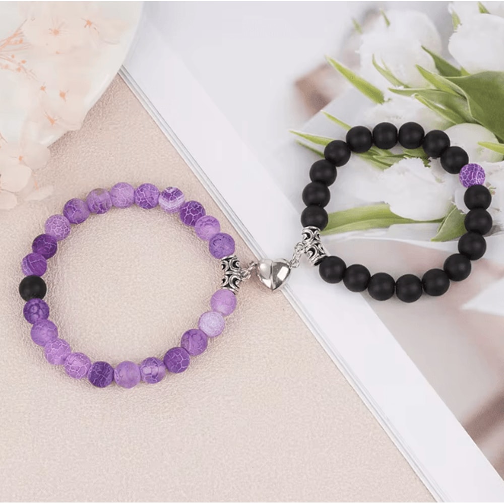 LavaLove 2Pcs Beaded Couple Bracelets Set Natural Stone Heart Magnetic Distance Bracelets Gift 2