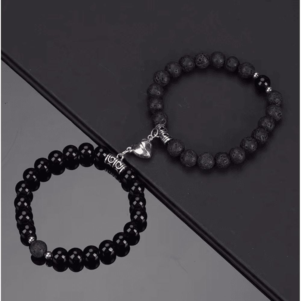 LavaLove 2Pcs Beaded Couple Bracelets Set Natural Stone Heart Magnetic Distance Bracelets Gift 4
