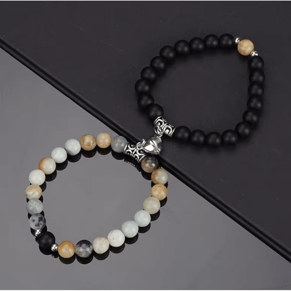 LavaLove 2Pcs Beaded Couple Bracelets Set Natural Stone Heart Magnetic Distance Bracelets Gift 6