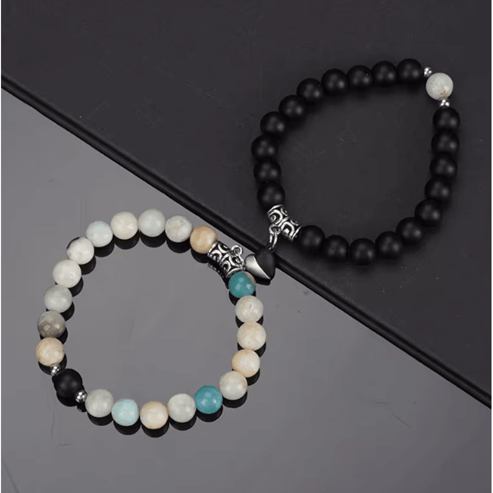 LavaLove 2Pcs Beaded Couple Bracelets Set Natural Stone Heart Magnetic Distance Bracelets Gift 5