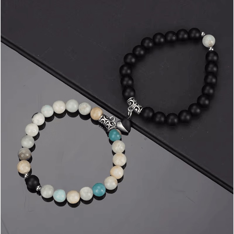 LavaLove 2Pcs Beaded Couple Bracelets Set Natural Stone Heart Magnetic Distance Bracelets Gift 5