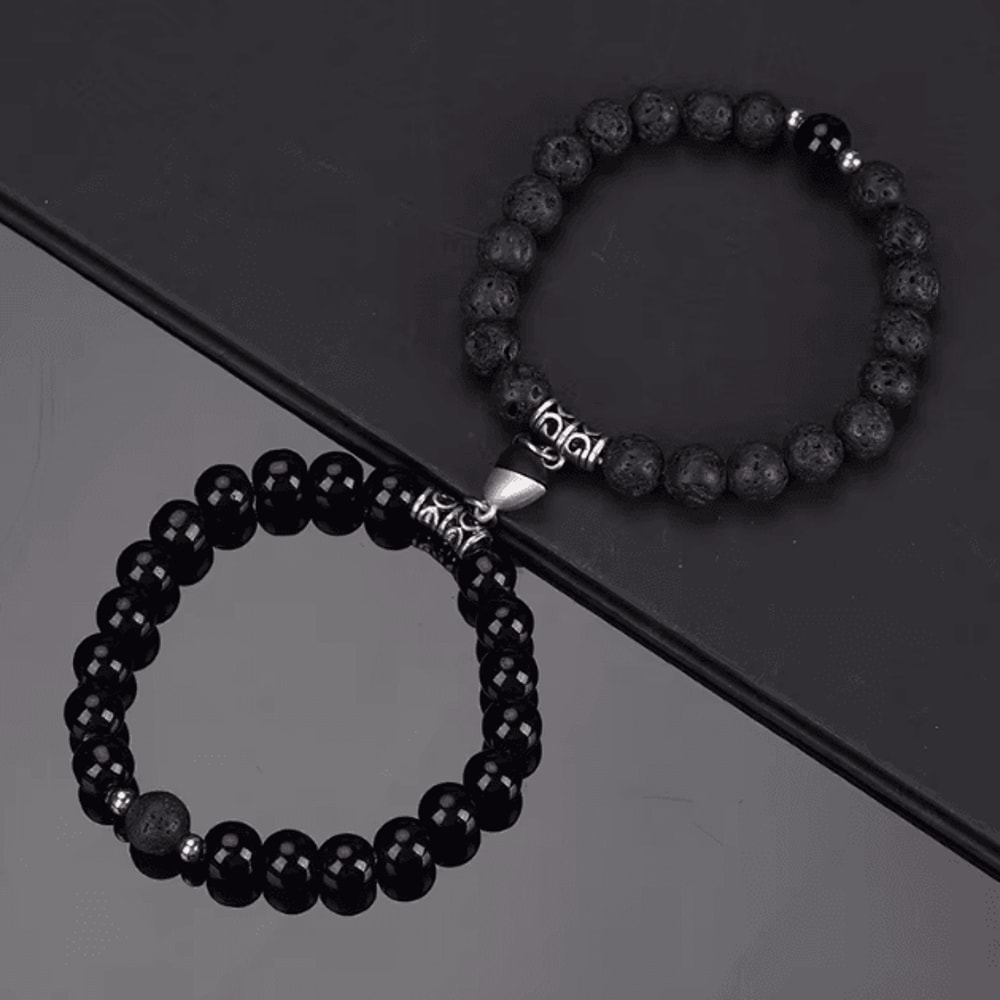 LavaLove 2Pcs Beaded Couple Bracelets Set Natural Stone Heart Magnetic Distance Bracelets Gift 3