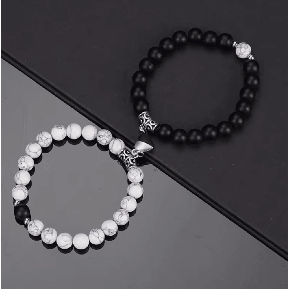 LavaLove 2Pcs Beaded Couple Bracelets Set Natural Stone Heart Magnetic Distance Bracelets Gift 7