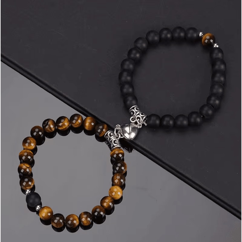 LavaLove 2Pcs Beaded Couple Bracelets Set Natural Stone Heart Magnetic Distance Bracelets Gift 9