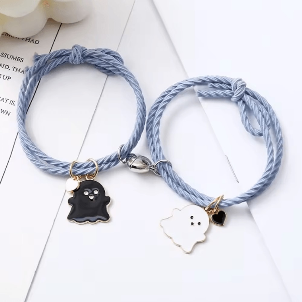 SpookLove Halloween Ghost Couple Bracelets Set Braided Magnetic Heart LongDistance Promise Jewelry 9