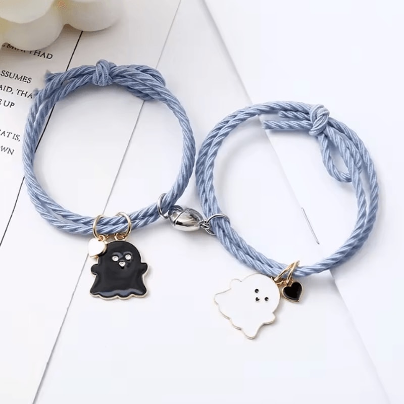 SpookLove Halloween Ghost Couple Bracelets Set Braided Magnetic Heart LongDistance Promise Jewelry 9