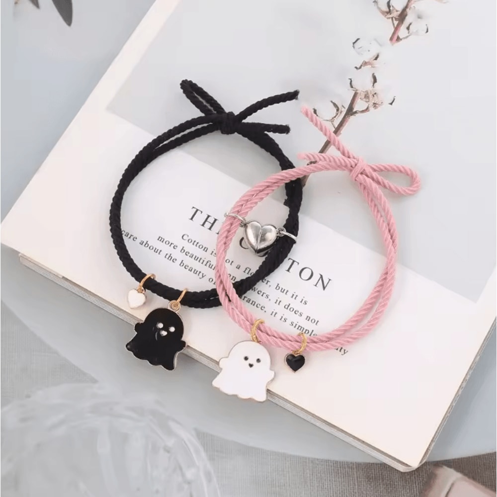 SpookLove Halloween Ghost Couple Bracelets Set Braided Magnetic Heart LongDistance Promise Jewelry 1