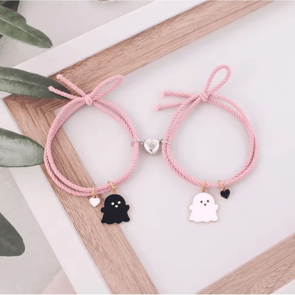 SpookLove Halloween Ghost Couple Bracelets Set Braided Magnetic Heart LongDistance Promise Jewelry 2