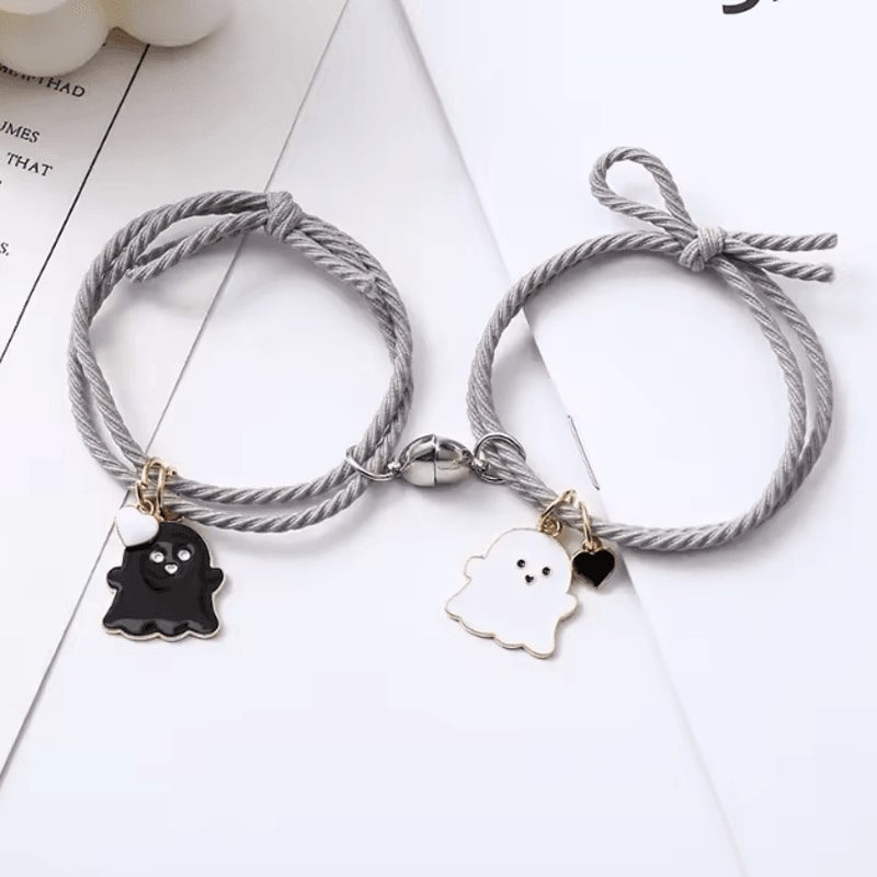 SpookLove Halloween Ghost Couple Bracelets Set Braided Magnetic Heart LongDistance Promise Jewelry 3