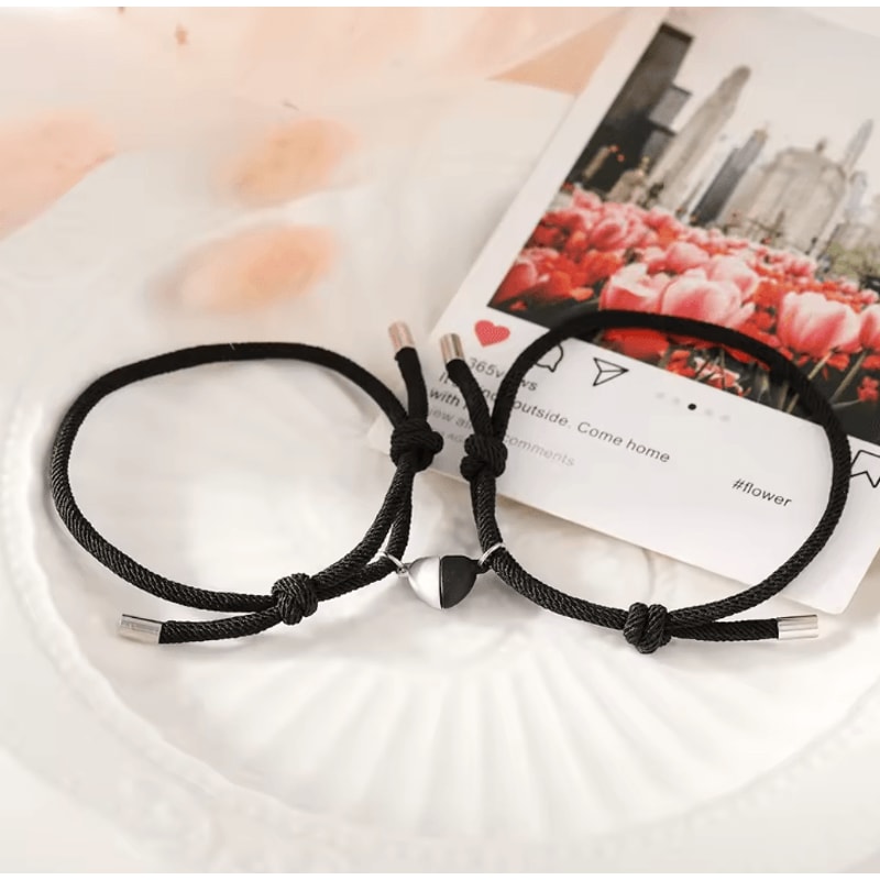 LATS Magnetic Couple Bracelet Set 2Piece Black White Hand Rope Matching Bracelets For Friends Cou 3