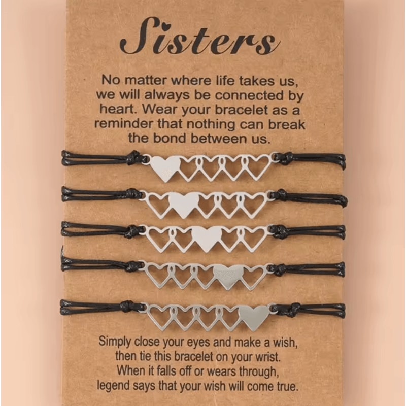 HeartSister 5PCS Sisters Bracelet Set Best Friend Matching Heart Long Distance Gift For Girls Wom 1