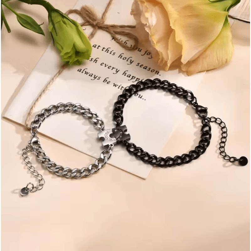 HeartLock Stainless Steel Couple Bracelets Set Puzzle Heart LongDistance Relationship Jewelry For 0