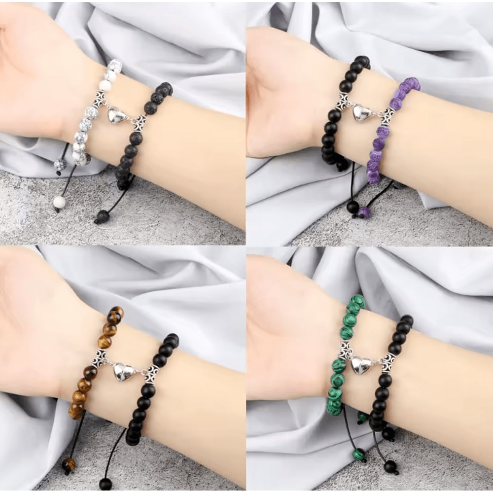 UnityMag Heart Natural Stone Couples Bracelets Adjustable Distance Beads Set For Lovers Friends 3