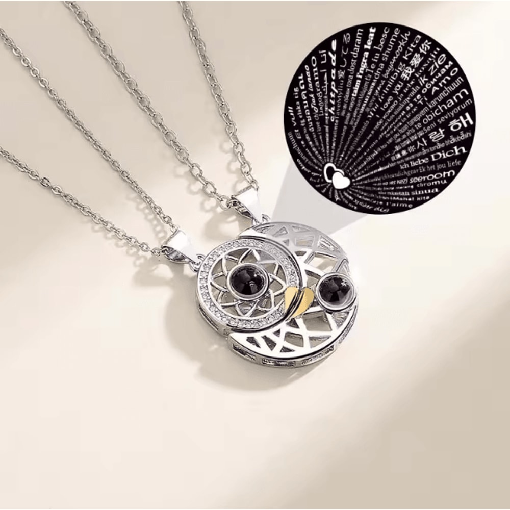 EternalBond 2Piece Magnetic Couple Necklace I Love You In 100 Languages Projection Heart Set 0