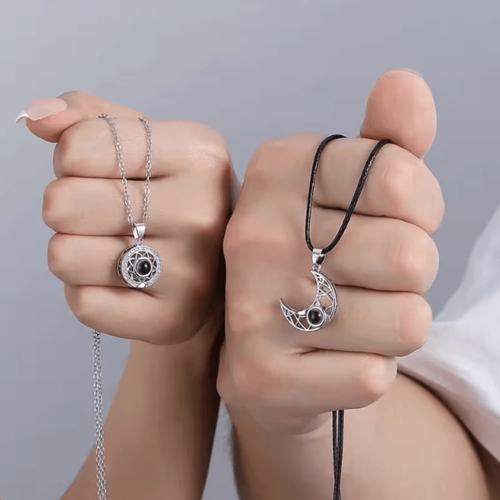 EternalBond 2Piece Magnetic Couple Necklace I Love You In 100 Languages Projection Heart Set 3