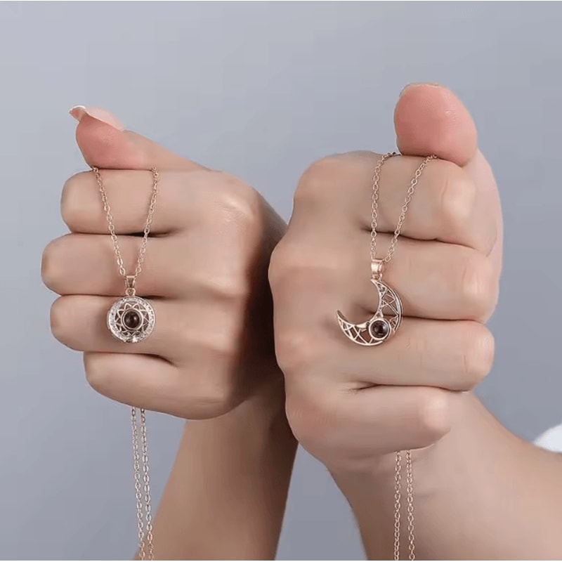 EternalBond 2Piece Magnetic Couple Necklace I Love You In 100 Languages Projection Heart Set 4