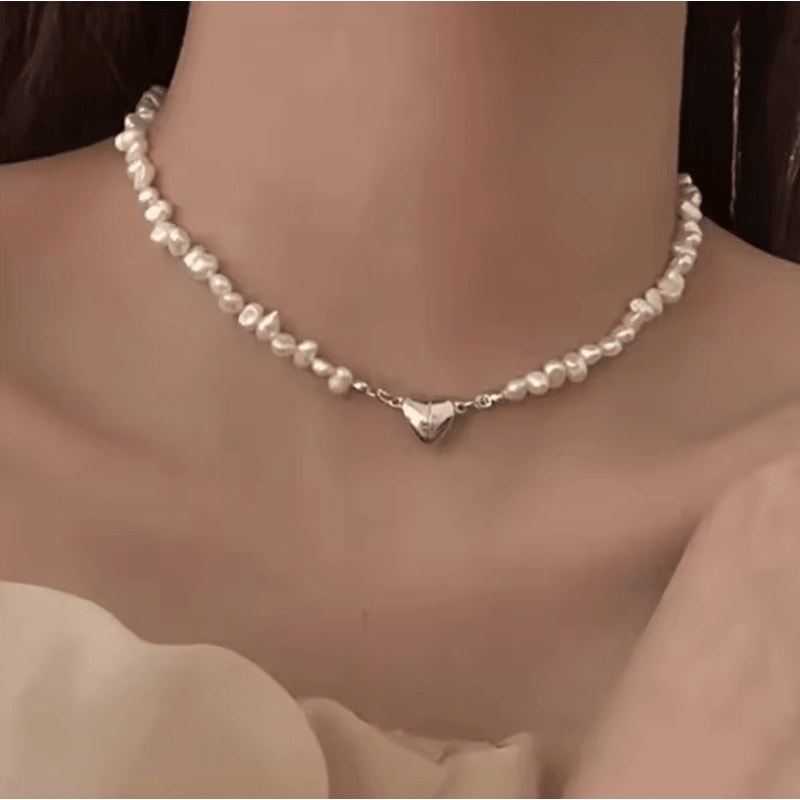 EternaHeart Korean Pearl Chain Magnetic Heart Pendant Necklace Chic Choker Gift For Women Girls 0