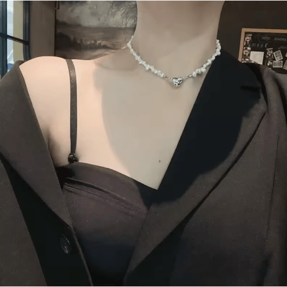 EternaHeart Korean Pearl Chain Magnetic Heart Pendant Necklace Chic Choker Gift For Women Girls 2