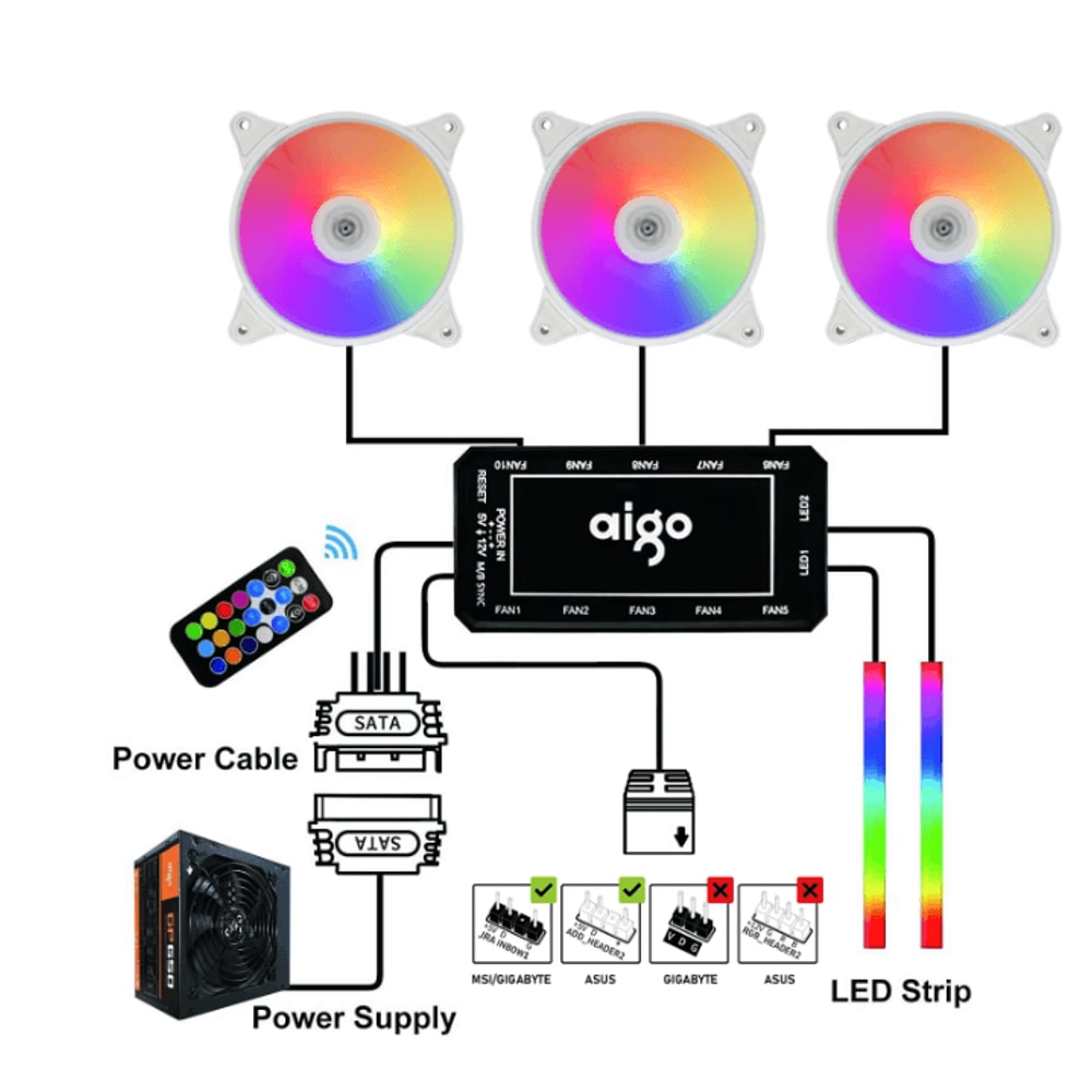 Aigo AR12 120 Mm ARGB PC Case Fan Adjustable RGB LED Cooling Fan With 6Pin Connector 2