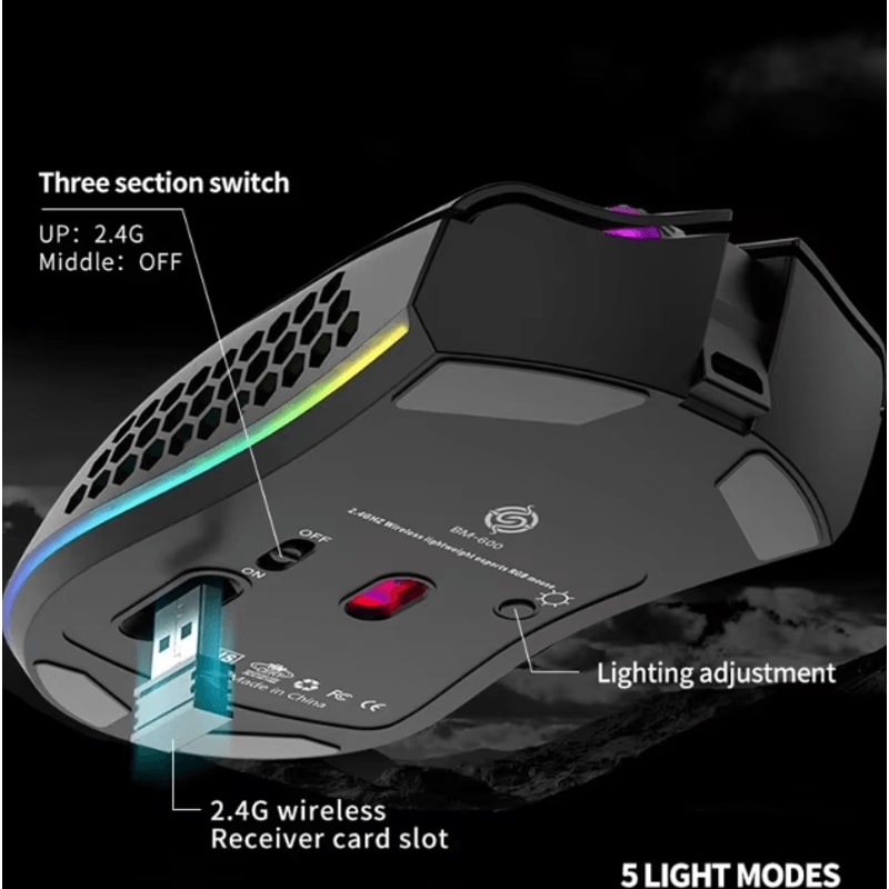 BM600 Rechargeable USB 24G Wireless RGB Gaming Mouse Honeycomb Design For PC Laptop 4