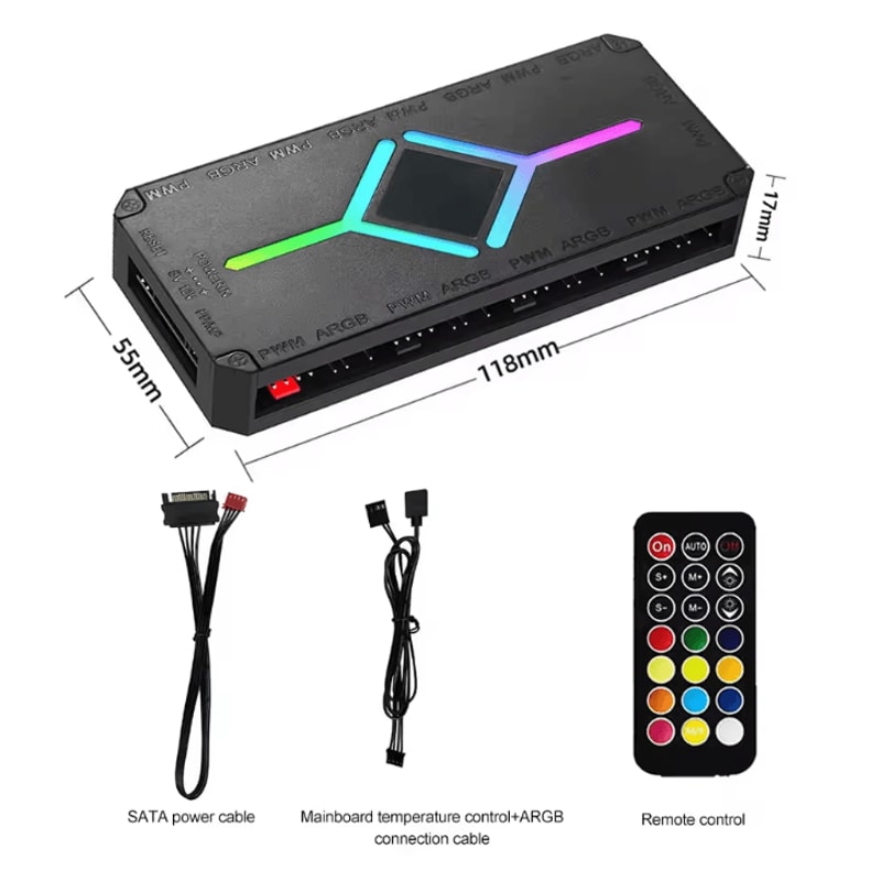 ARGBSync Pro 3in1 5V ARGB 4Pin PWM Fan Hub Splitter Up To 1to9 Ports Magnetic Suction 6