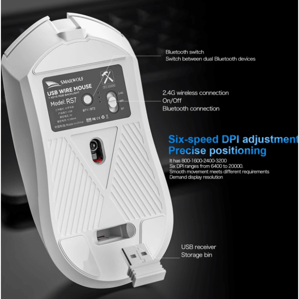 SMAILWOLF RS7 Bluetooth Wireless Gaming Mouse PAW3311 20000 DPI Macro Driver For PC Laptop 2