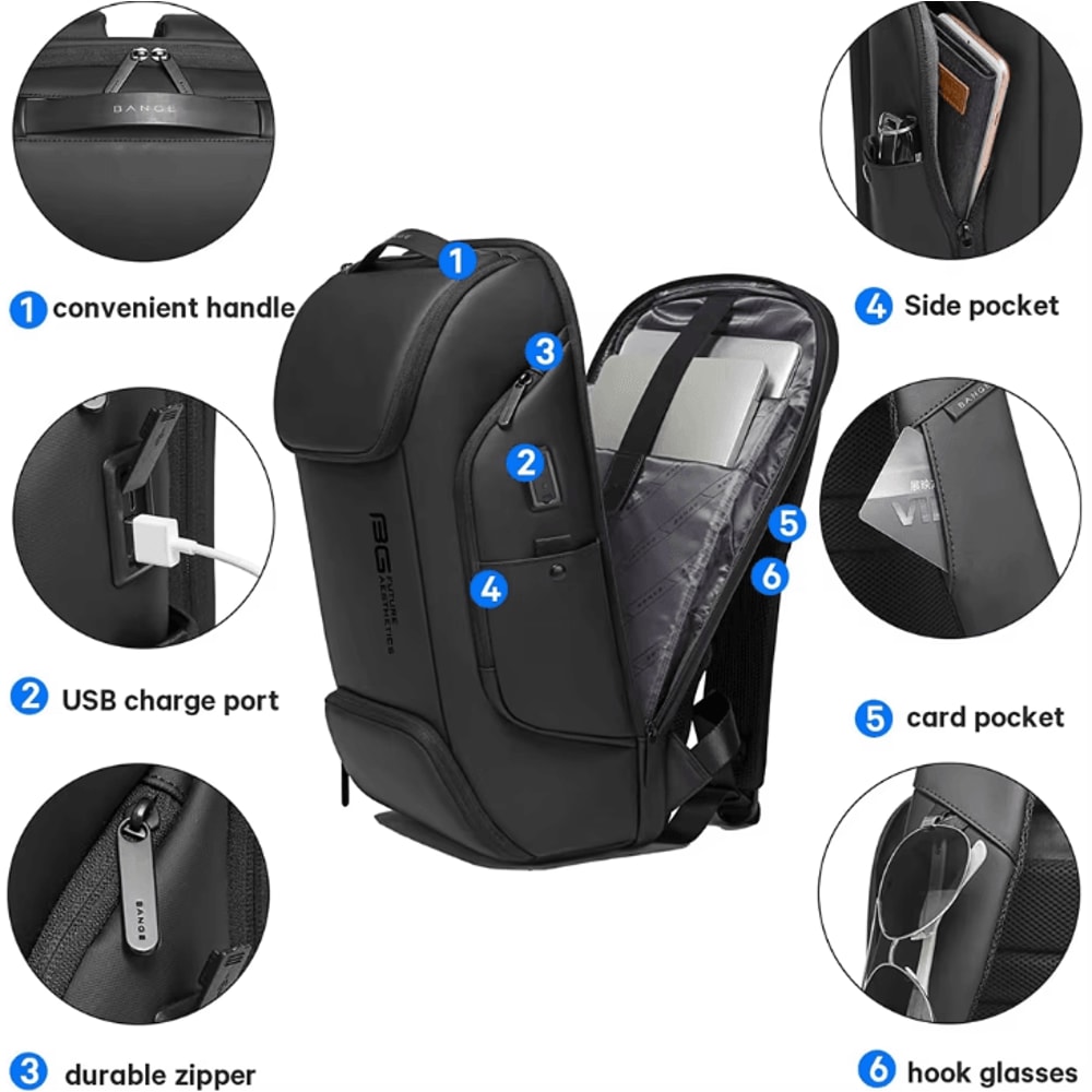 BANGE Business USB Charging Laptop Backpack Waterproof 156 Inch Smart Travel Work Bag 2