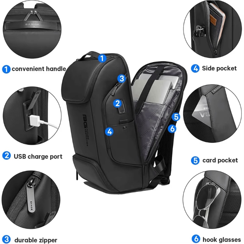 BANGE Business USB Charging Laptop Backpack Waterproof 156 Inch Smart Travel Work Bag 2