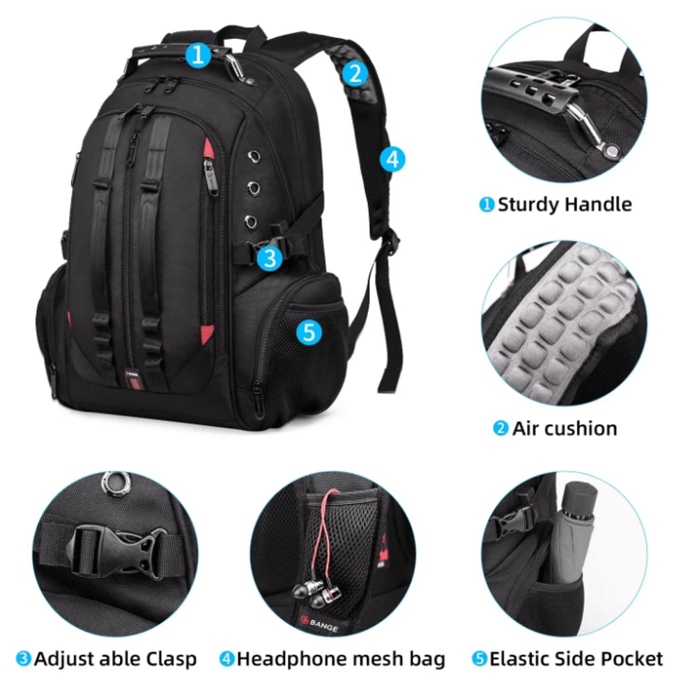 BANGE 40L MultiFunction Laptop Backpack Durable 17 Inch Travel School Bag With USB Recharge Port 2
