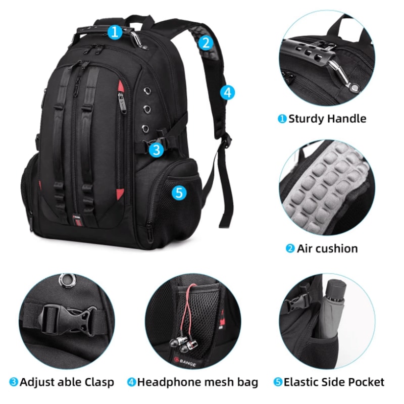 BANGE 40L MultiFunction Laptop Backpack Durable 17 Inch Travel School Bag With USB Recharge Port 2