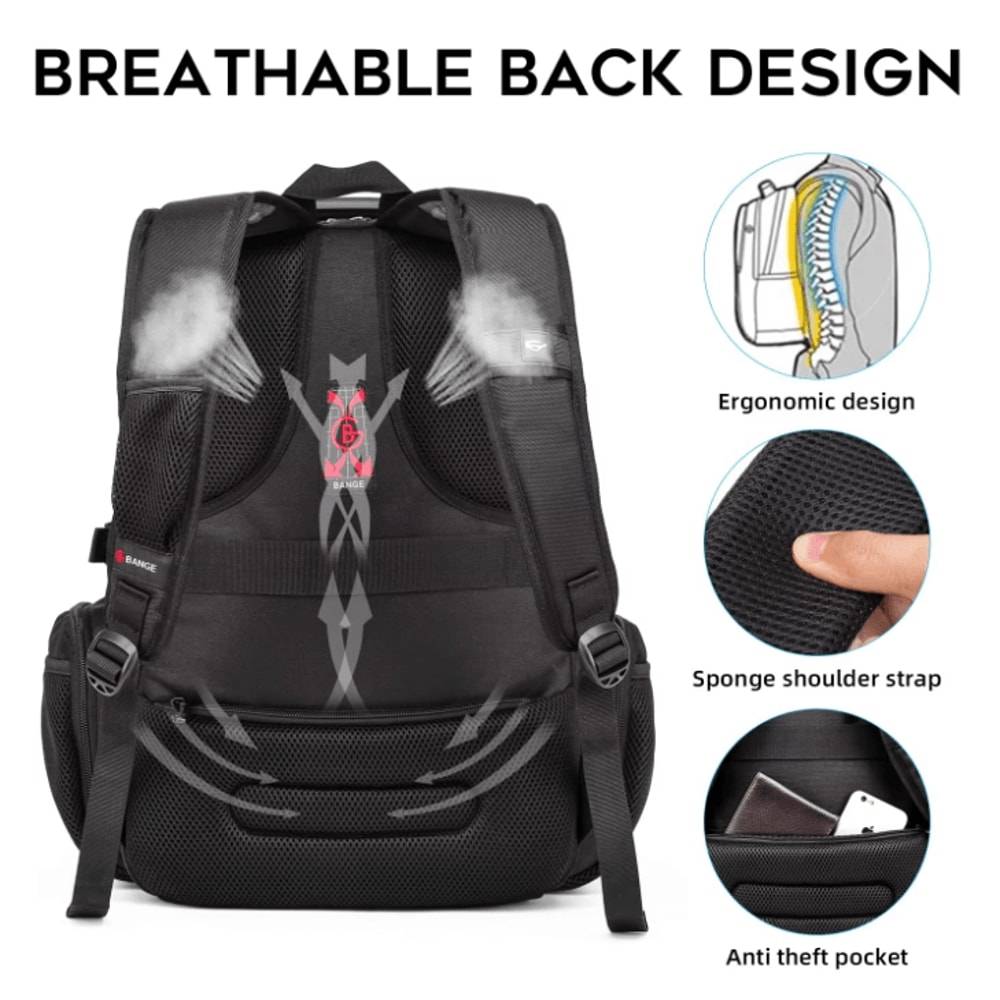 BANGE 40L MultiFunction Laptop Backpack Durable 17 Inch Travel School Bag With USB Recharge Port 3