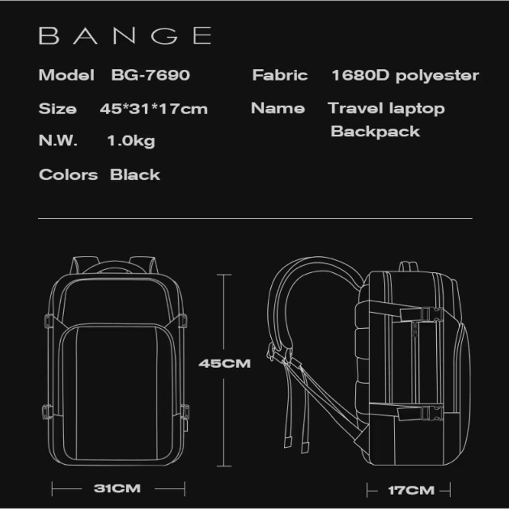 BANGE 40L USB Charging Laptop Backpack Large Waterproof Oxford Travel Business Bag For 156Inches 5