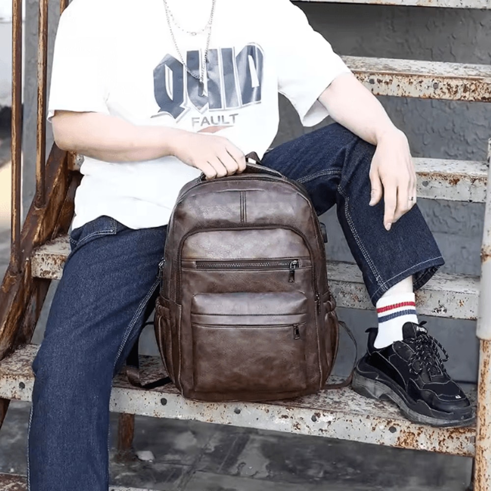 UrbanEdge USB Charging PU Leather Laptop Backpack Large Capacity Computer School Bag For Teenage 3